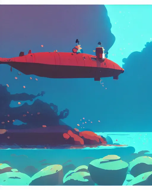 Image similar to a submarine made of red stone, deep water, glowing seaweeds, cory loftis, james gilleard, atey ghailan, makoto shinkai, goro fujita, studio ghibli, rim light, exquisite lighting, clear focus, very coherent, plain background, soft painting