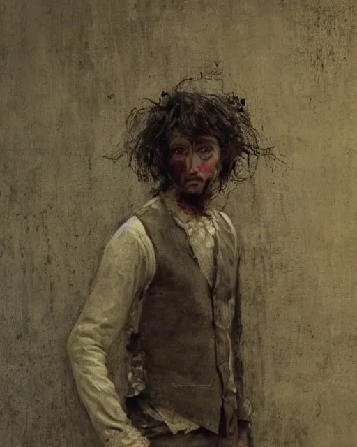 Prompt: a handsome but creepy man in layers of fear, with haunted eyes and wild hair, 1 9 7 0 s, seventies, wallpaper, a little blood, moonlight showing injuries, delicate embellishments, painterly, offset printing technique, by, jules bastien - lepage