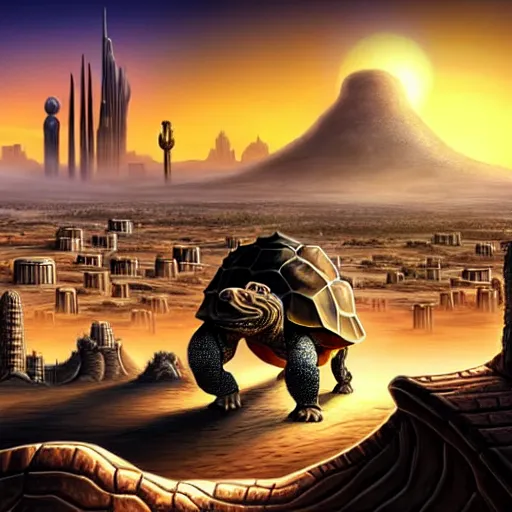 Image similar to Large Fantasy Cityscape located on the back of a Giant tortoise stomping through the hot sunny desert, High detail, Dungeons and Dragons 4k