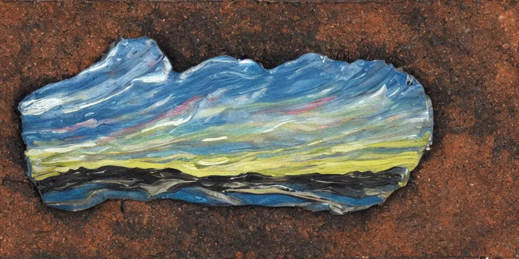 Prompt: melted asphalt, plastic romantic painting of a landscape, on a poststamp