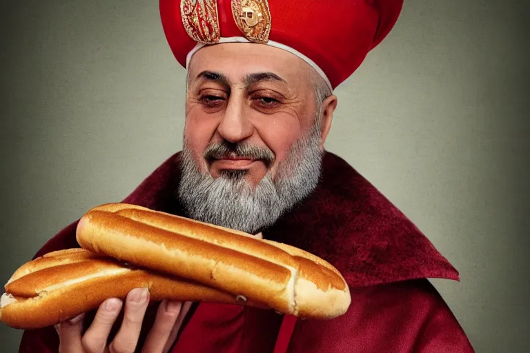 Image similar to Ottoman Sultan Mehmet IV eating a delicious hot dog, wearing big ovular turban and a luxurious Ottoman coat, mid-shot, cold lighting, photography from Vogue Magazine, neat, precise, realistic, detailed facial features, expressive, photorealistic, hyperrealism, micro details, HDR Shot, in the style of Martin Schoeller