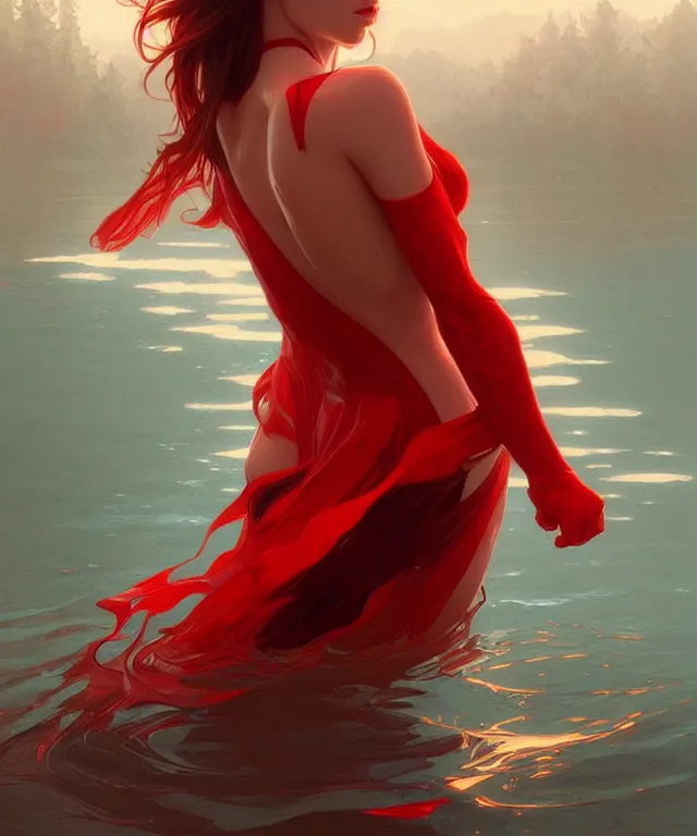 Image similar to emily rajtkowski, lake, red, highly detailed, digital painting, artstation, concept art, smooth, sharp focus, illustration, art by artgerm and greg rutkowski and alphonse mucha