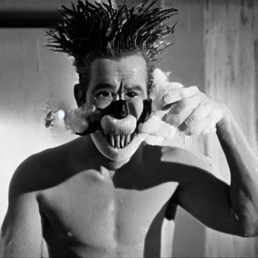 Prompt: photo of a man with bananas sticking out of his face, the ends of the bananas are exploding with firecrackers. Screenshot from Eraserhead. Cinematic 35mm motion blur film grain.