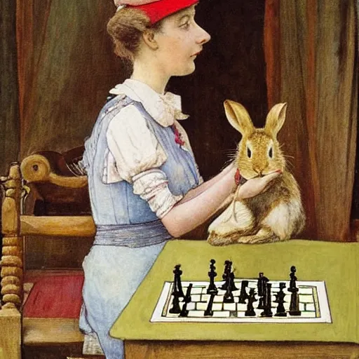 Image similar to a young edwardian woman playing chess against a rabbit, in the style of carl larsson