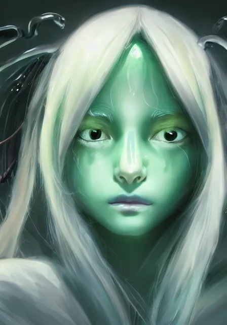 Prompt: beautiful portrait of a slime woman's face by aramaki shinji, amano yoshitaka, lilia alvarado, 8 k, urobuchi gen, hd, anime art