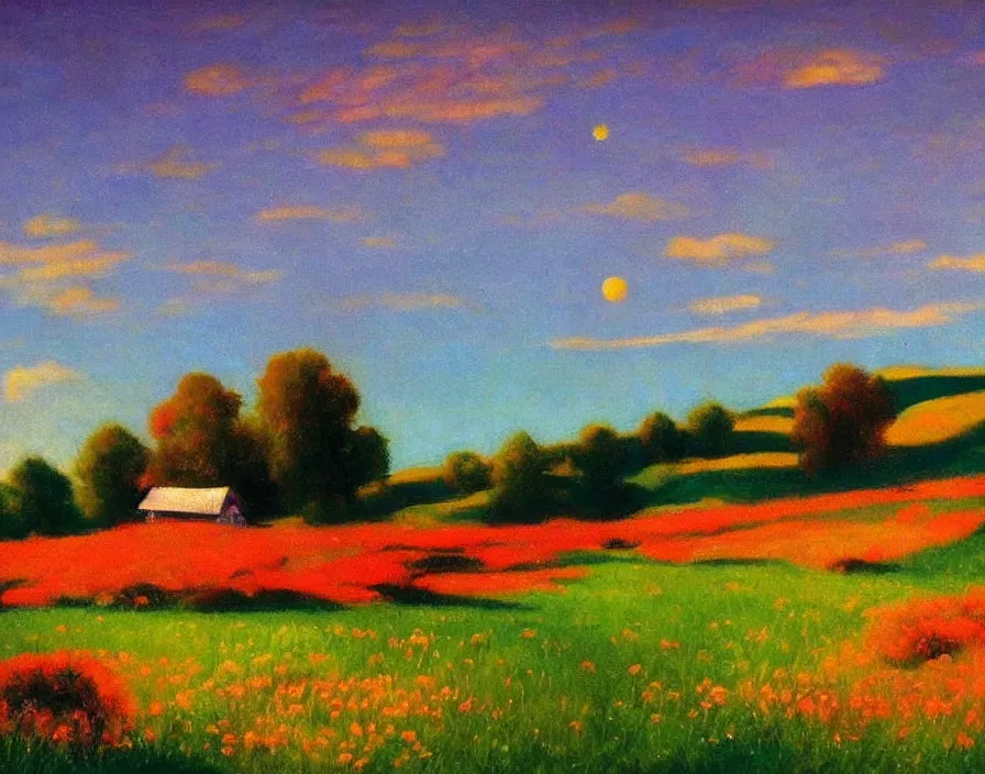 Image similar to a beautiful meadow full of colorful flowers, the sky is the galaxy, very aesthetic, detailed, cinematic lighting, in the style of edward hopper,