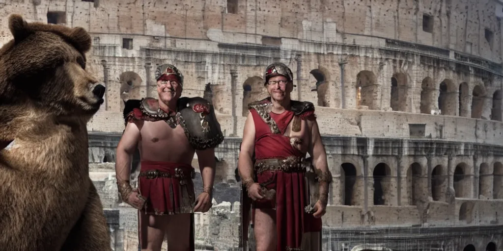 Prompt: Bill Gates dressed as a roman gladiator in front of an angry bear in the Colosseum. Film scene. Dramatic lightning. 4k.