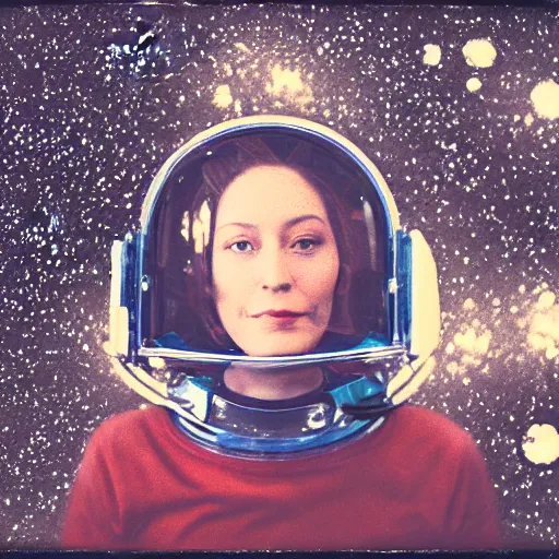 Image similar to a polaroid portrait of a beautiful woman wearing a space helmet, starry background, bokeh, lit from behind, heavy film grain, color bleed