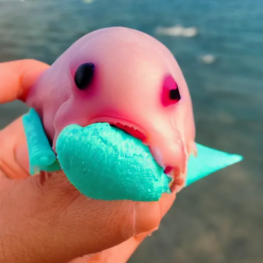 Prompt: A photo of an ice cream cone with a blobfish in it. Blobfish ice cream. Realistic, ultra high detail, 8k.