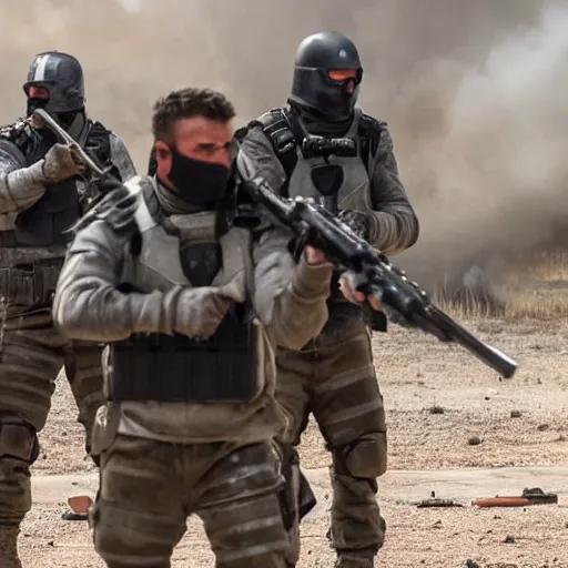 Image similar to modern mercenaries wearing grey body armor smoking shooting at hostiles in the midst of a bloody battle, photo by Adam Ferguson in 2022, Pulitzer Winning, cinematic composition, breathtaking, modern, 2022