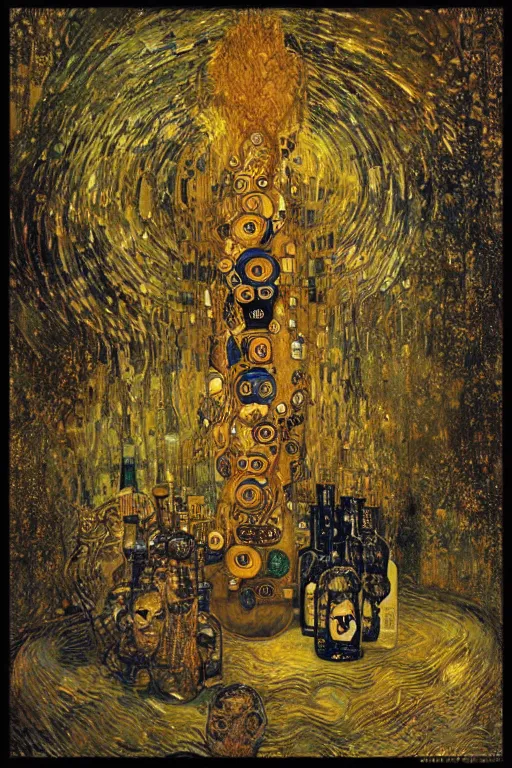 Prompt: The Spirit Sieve by Karol Bak, Jean Deville, Gustav Klimt, and Vincent Van Gogh, otherworldly, fractal structures, arcane, glass bottles within glass bottles, inscribed runes, prophecy, ornate gilded medieval icon, third eye, spirals