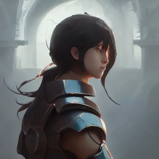 Prompt: trending on artstation, dhamphir, character design, concept art, style of makoto shinkai, greg rutkowski, symmetrical face, body shot, plate armor, fantasy, highly detailed, digital art, female