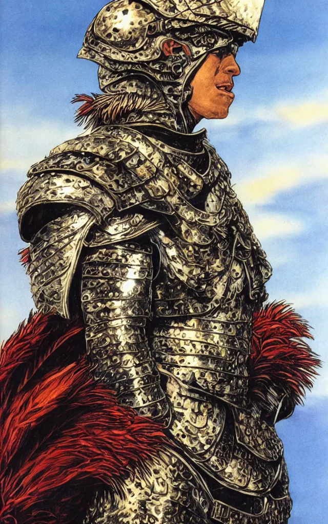 Prompt: portrait of a dnd character, a human fighter wearing armour made out of griffin feathers, by larry elmore