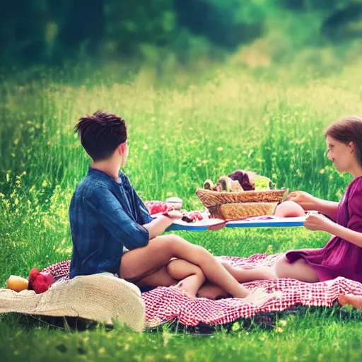 Image similar to a boy and a girl having a picnic in a beautiful field, aesthetic, beautiful, symmetrical face, vfx, 8 k, aesthetic