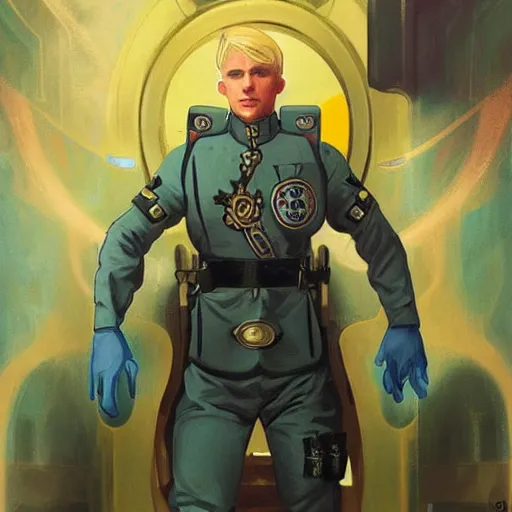 Prompt: uncannily beautiful blonde man, genetically perfect, with distant expression and piercing blue eyes, wearing fascist Byzantine police uniform and standing in ancient bronze arcology airlock, science fiction concept art by Anato Finnstark, Alphonse Mucha, and Greg Rutkowski