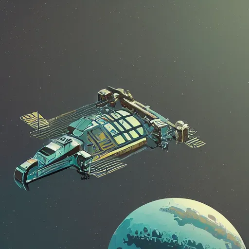 Prompt: A schematic of a spaceship for asteroid mining by Simon Stålenhag