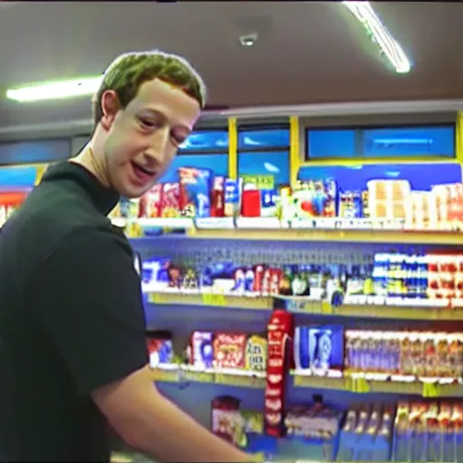 Image similar to cctv footage of mark zuckerberg robbing a convenient store with a shotgun