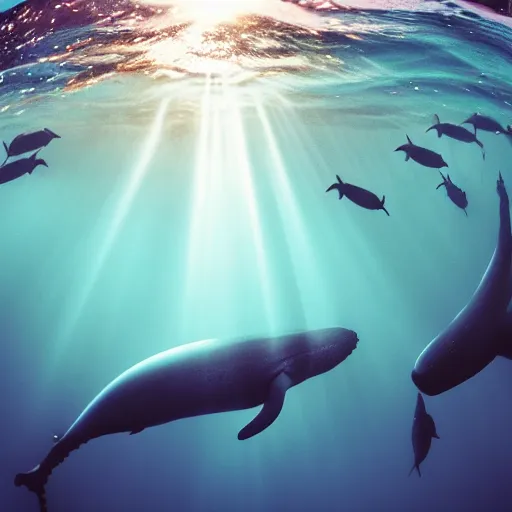 Prompt: underwater ocean, many whales, cosmos, pod, family, swimming to surface, calm, photograph, realistic, peaceful, light rays, beautiful, majestic, dapple, camera angle from below, distance,