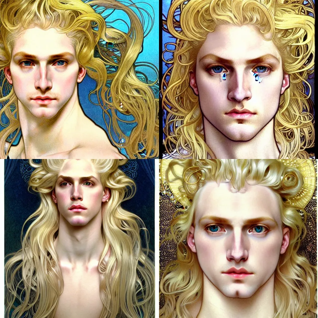 Prompt: realistic detailed face portrait of merman blond androgynous prince Lucius with forehead pearl, long luxurious blond hair, very very very very silky light golden blond hair, extremely pale blond hair, pearls so many pearls on skin, by Alphonse Mucha, Ayami Kojima, Amano, Charlie Bowater, Karol Bak, Greg Hildebrandt, Jean Delville, and Mark Brooks, Art Nouveau, Neo-Gothic, gothic, rich scintillating bright white gold colors