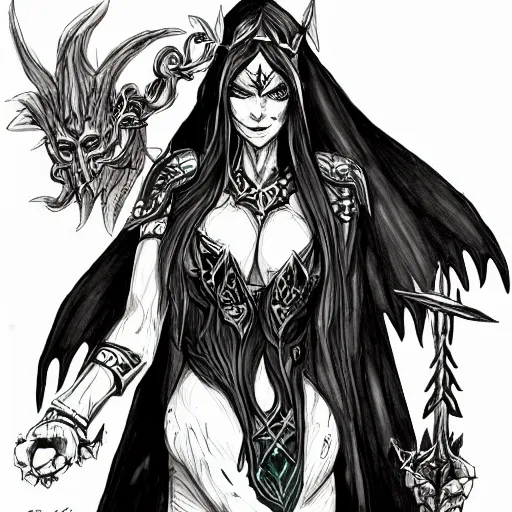 Image similar to dark elf sorceress who is summoning a demon in the style of warhammer fantasy : : head and shoulders drawing