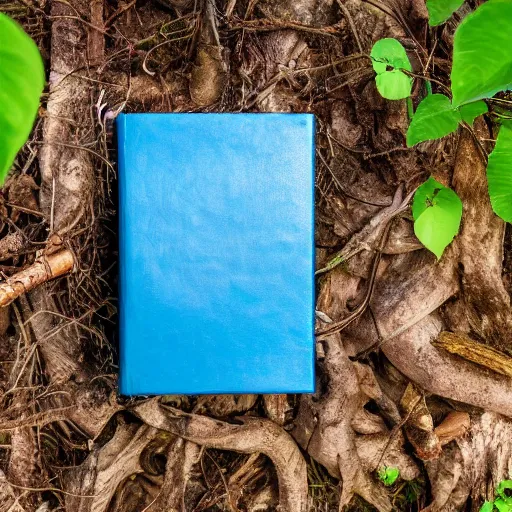 Prompt: a blue leather bound book, standing open on a wooden stump in a jungle, vines growing around