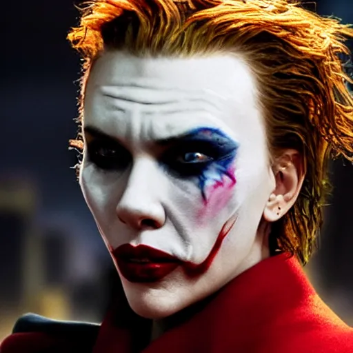 Image similar to awe inspiring Scarlett Johansen as The Joker 8k hdr