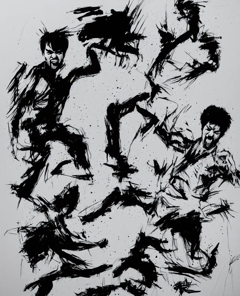 Image similar to a portrait of bruce lee screaming by mcbess, drawn with black and yellow permanent marker