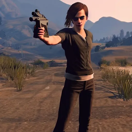 Image similar to Screenshot of Emma Watson holding a pistol in GTA 5