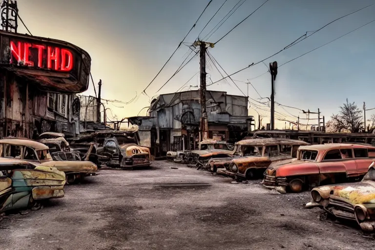 Image similar to low wide angle shot of dilapidated fallout 5, desolate, dilapidated neon signs, few rusted retro futuristic vintage parked vehicles like cars, ( ( ( buses, trucks, trams ) ) ), volumetric lighting, photorealistic, sunny, early evening, golden hour, autumn, sharp focus, ultra detailed, 4 0 0 0 k