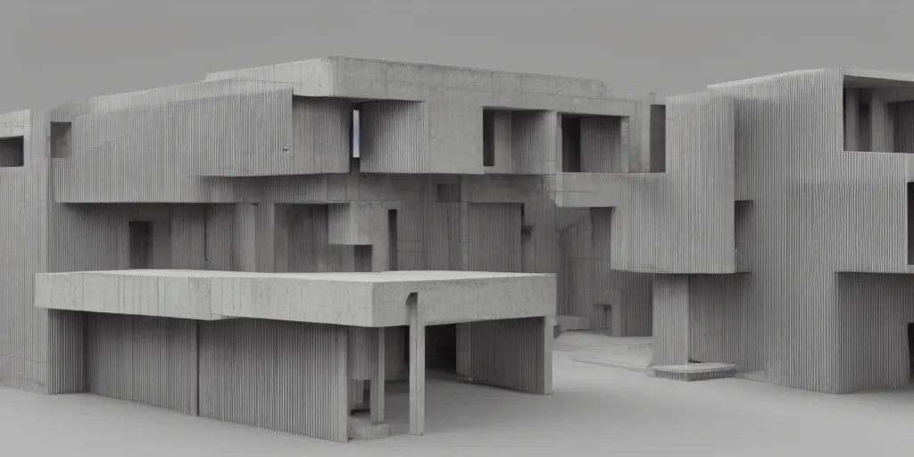 Prompt: coloured 3 d octane model of a brutalism art gallery, highly detailed