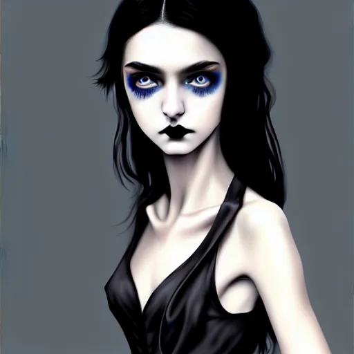 Prompt: english teenage girl with black hair, china blue eyes, pale glowing skin, beautiful sinister features, no makeup, elegant fashion model, gothic beauty, wuthering heights, fantasy, intricate, elegant, dress shirt and tie, highly detailed, digital painting, artstation, concept art, smooth, sharp focus, illustration, art by Krenz Cushart and Artem Demura and alphonse mucha