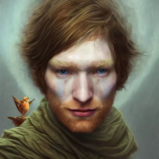 Image similar to closeup portrait shot of domhnall gleeson as puck, robin goodfellow, pooka, fairy wings, highly detailed, digital painting, artstation, concept art, soft focus, depth of field, artgerm, tomasz alen kopera, peter mohrbacher, donato giancola, wlop, boris vallejo