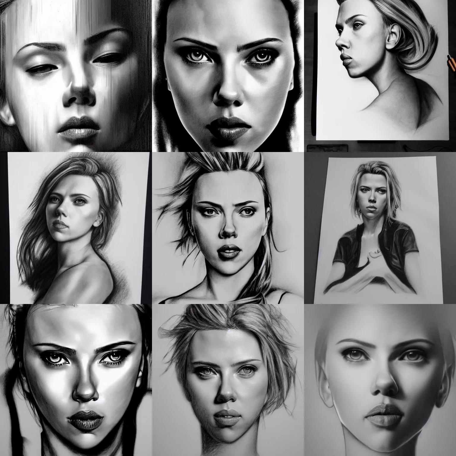 Prompt: scarlett johansson as one punchman, full figure charcoal manga pencil sketch, black and white, hyper realism, centered in portrait, 8 k, realistic, photo real, smooth, sharp, intricate detail, hyper detail, dramatic lighting, dramatic shading