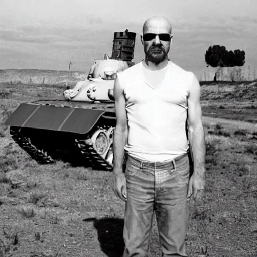 Image similar to Mid shot photo of Walter White driving a tank