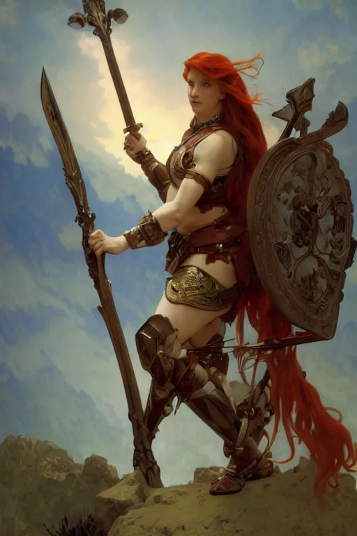 Image similar to full - body matte portrait of a legion of red haired lesbian valkyries in a heroic pose and wearing thick bronze plate armor at the top of a mountain holding a spear made of lightning, art by albert bierstadt, alphonse mucha, andreas rocha, greg rutkowski, sharp edges. ultra clear detailed. 8 k. elegant. octane render