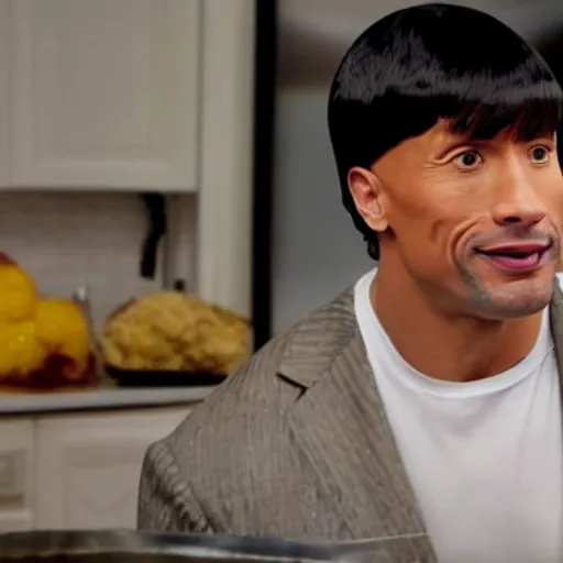 Prompt: dwayne johnson wearing a bowl cut wig still shot from cooking show 4k