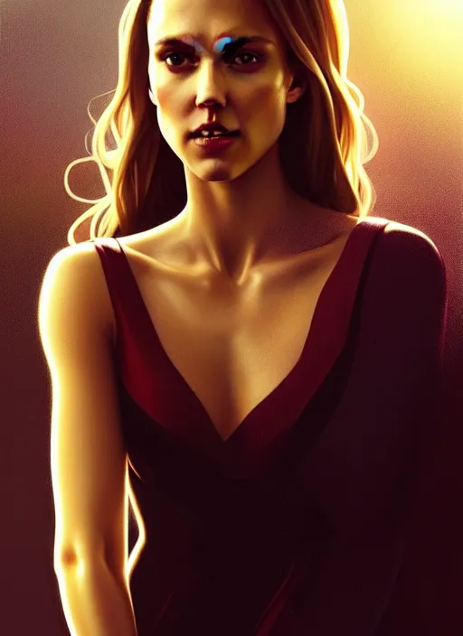 Image similar to half Jessica Alba half Nathalie Portman half scarlett johansonna pure seductive angel, full body portrait, slight smile, diffuse natural sun lights, autumn lights, highly detailed, digital painting, artstation, concept art, sharp focus, illustration, art by wlop and greg rutkowski and alphonse mucha and artgerm
