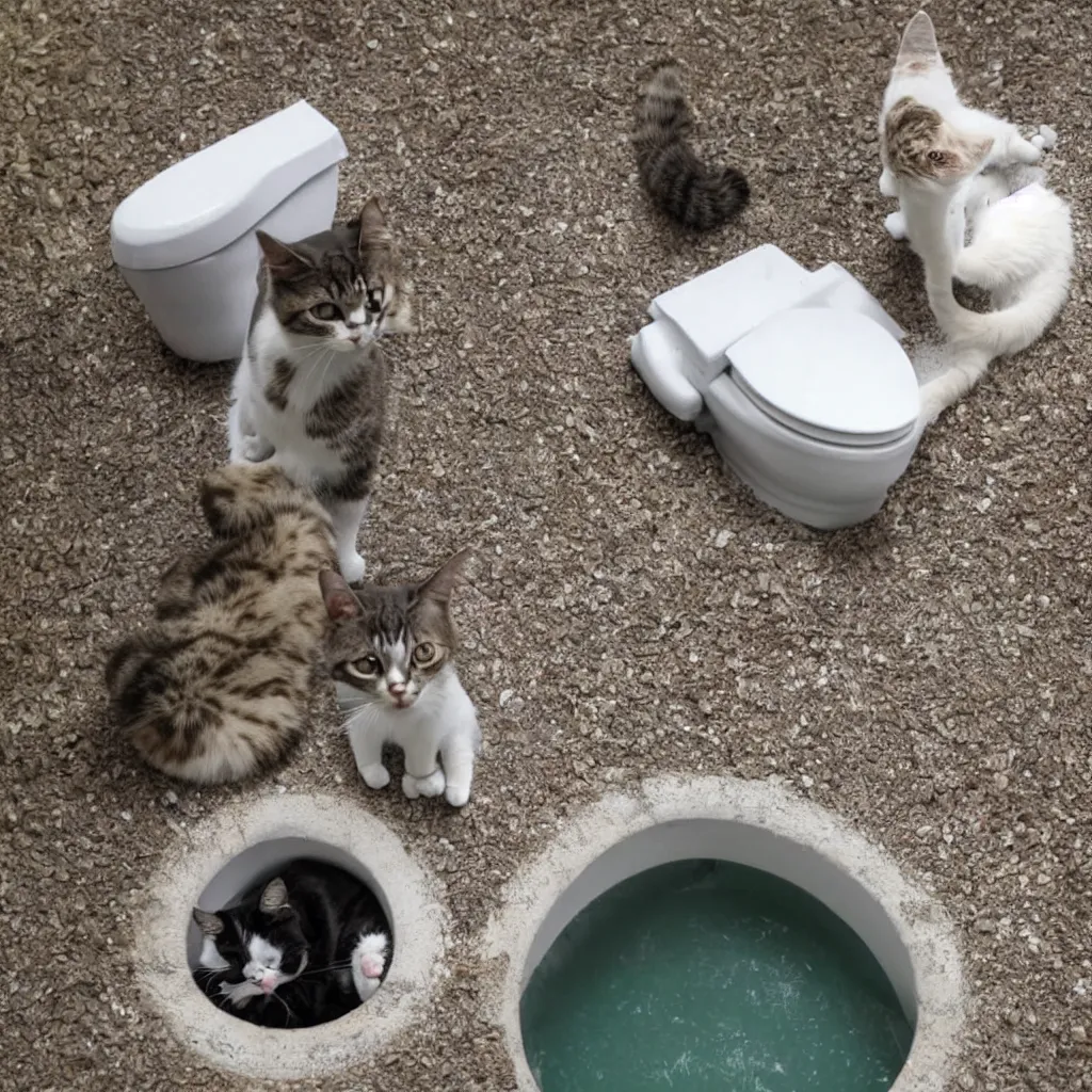 Image similar to how to route your cat to the most profitable endpoint in the sewage system. conspiracy theories about how long, how far, how many cats you had to flush in order to guarantee a golden moment where the cat