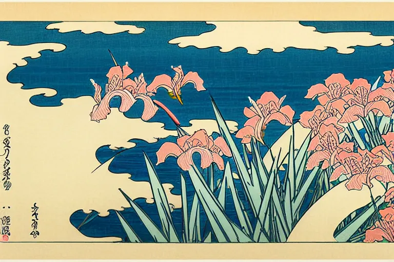 Prompt: a masterful ukiyo - e print of beautiful irises by katsushika hokusai and utagawa hiroshige, masterpiece, hyperdetailed!!, intricate!!, complex!!, 4 k