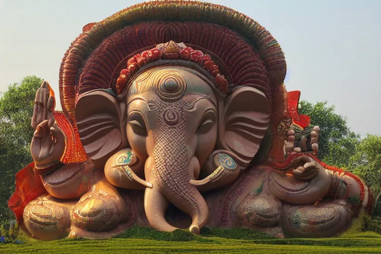 Prompt: high quality 3 d dreamscape! biomorphic ganesha head building in the middle of serene country setting!!, kalighat highly detailed, cinematic smooth, stephen shore & john j. park, soft morning light, wide shot, high angle, uhd 8 k, deep focus