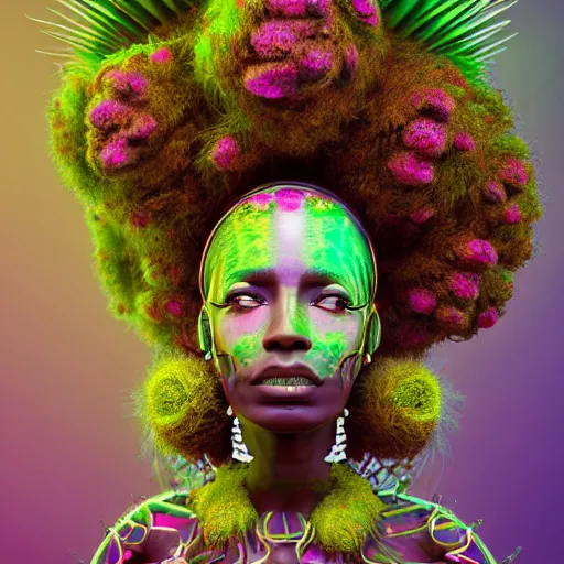 Image similar to a female african marijuanna! shaman with an afro made of flowers, third eye art art by machina infinitum, complexity from simplicity, rendered in octane, mandelbulb 3 d, ambient occlusion, macro photography, felt!!! texture, tribal, pastel! retrowave