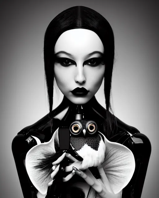 Image similar to surreal mythical dreamy dark artistic black and white fine art 3 / 4 fashion portrait photo of a young beautiful delicate female robot with orchid - owl face, rim light, cinematic, studio dramatic light, poetic, masterpiece, octane render, 8 k, photo - realistic by hg giger and man ray