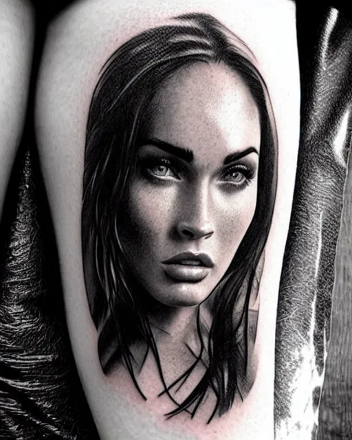 Image similar to megan fox face blended with beautiful mountain scenery, in the style of dan mountford, tattoo sketch, double exposure, hyper realistic, amazing detail, black and white