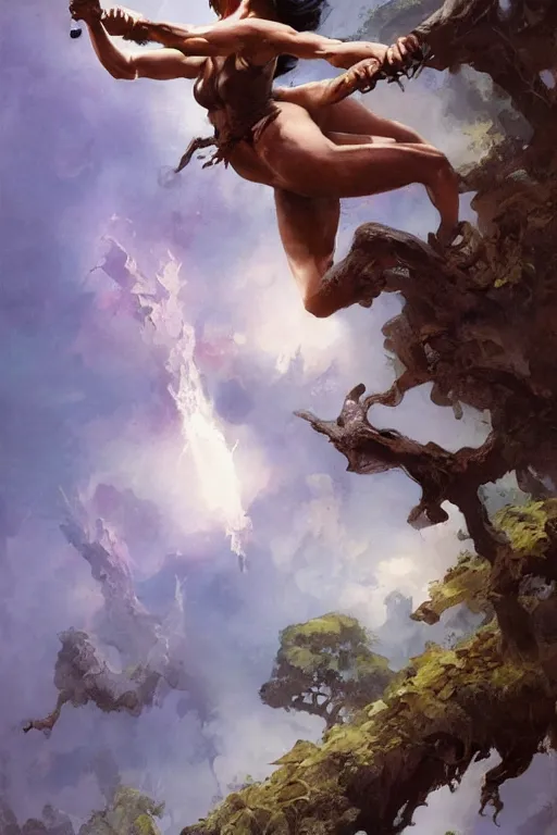 Image similar to Jane swinging from a tree , by Frank Frazetta, Greg Rutkowski, Boris Vallejo, epic fantasy character art, Exquisite detail, post-processing, low angle, masterpiece, cinematic