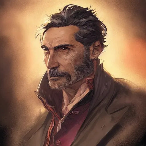 Prompt: portrait of a grizzled treasure hunter man in his 5 0 s with dark hair and sharp cheekbones, dressed in expensive clothes, detailed face, smooth, sharp focus, graphic novel, art by artgerm and greg rutkowski and pepe larraz,