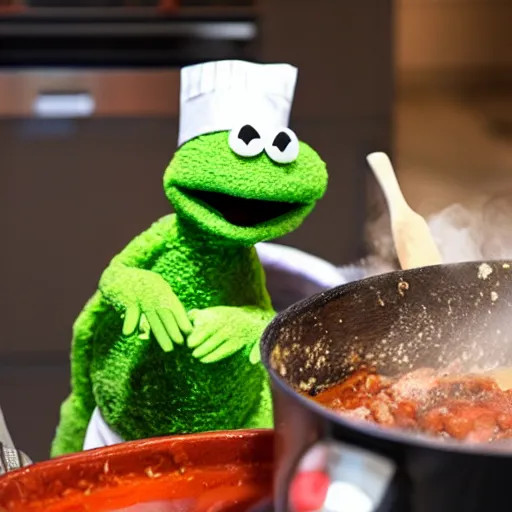 Image similar to italian chef cooking a muppet in a pot