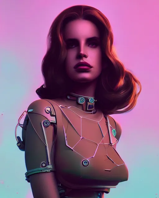 Image similar to portrait of lana del rey as a cyborg. intricate abstract. intricate artwork, by tooth wu, wlop, beeple, dan mumford. concept art, octane render, trending on artstation, greg rutkowski very coherent symmetrical artwork. cinematic, key art, hyper realism, high detail, octane render, 8 k, iridescent accents