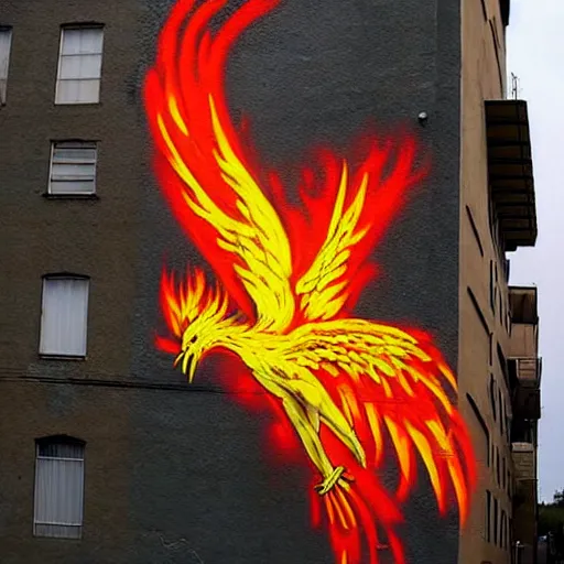 Image similar to Phoenix in fire, street art by bansky