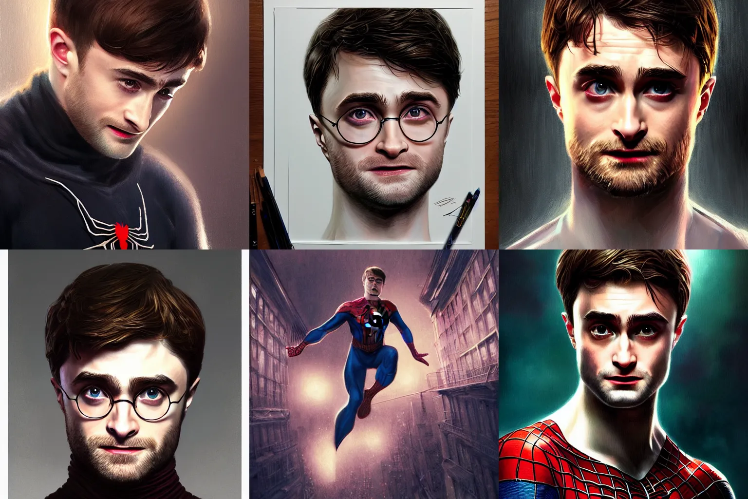 Prompt: Prtrait of Daniel Radcliffe as Spiderman cinematic lighting, intricate, elegant, highly detailed, digital painting, artstation, painted by Artgerm and Mark Waid and Greg Rutkowski