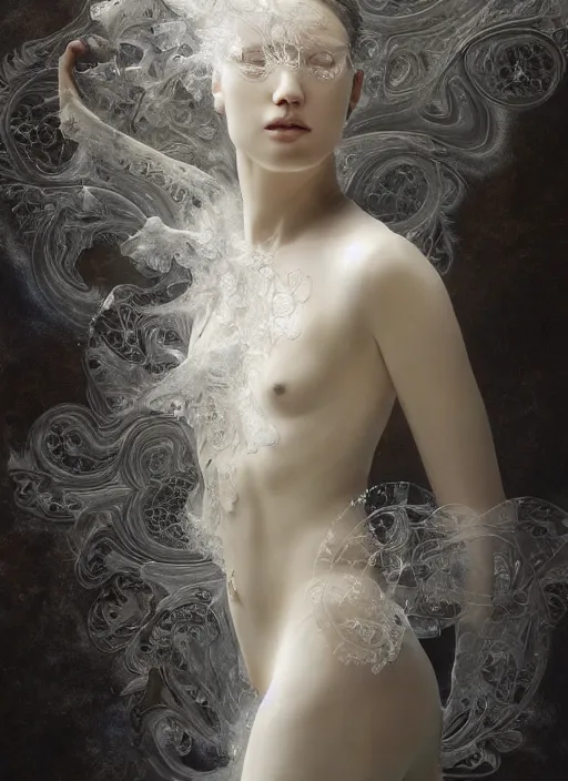 Prompt: opalescent marble sculpture of beautiful woman dissolving into shimmering dust, diaphanous, ivory carving, pearlescent, caustics, fractal paisley inlay, lace, intricate, elegant, highly detailed, digital photography, artgerm, feathers, subsurface scattering, caustics, lace, by ruan jia and greg rutkowski